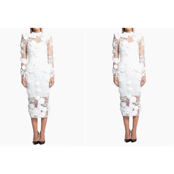 Zhivago The Vendetta Floral Embellished Mesh Long Sleeve Midi Dress White Size 8